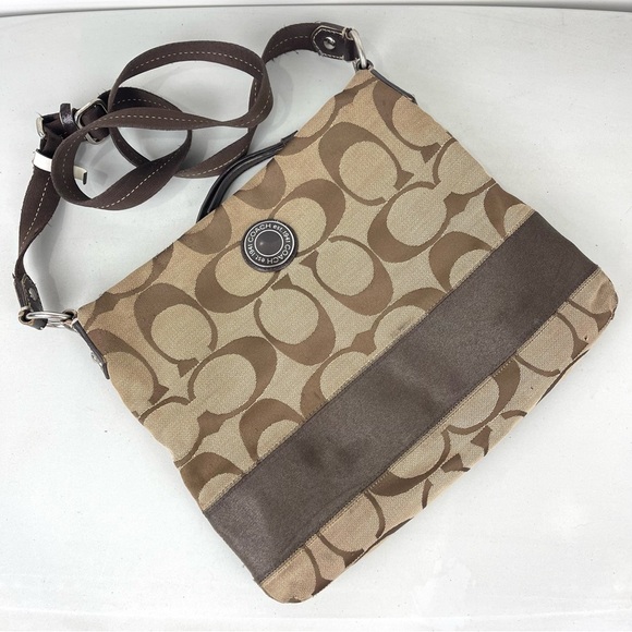 Coach Signature Monogram Crossbody Shoulder Bag Brown Medium Size - Picture 1 of 13